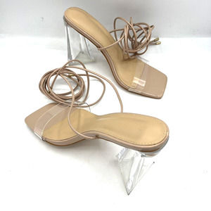 Wild Diva Long Lace High Heel Sandals Shoes Clear And Brown - Size 9 Us